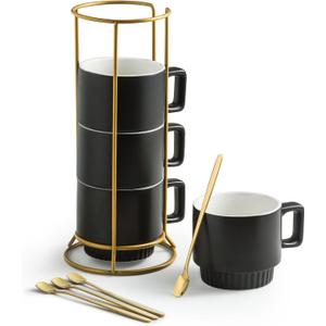 Stackable Coffee Mugs with Stand, 11oz Ceramic Latte Cup Set of 4 for Espresso Cappuccino Tea Hot Cocoa, Dishwasher & Microwave Safe, Black