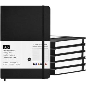6 Pack Journal Notebooks College Ruled Notebook Classic Leather Hardcover Lined Journals for Writing Office School Home Business, 8.3 x 5.5, 100GSM Thick Paper, 160 Pages (Black, A5)