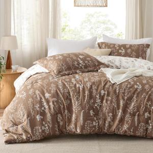 Bedsure Queen Comforter Set - Brown Bed Set, 3 Pieces Cute Floral Bedding, 1 Soft Reversible Botanical Flowers Comforter and 2 Pillow Shams