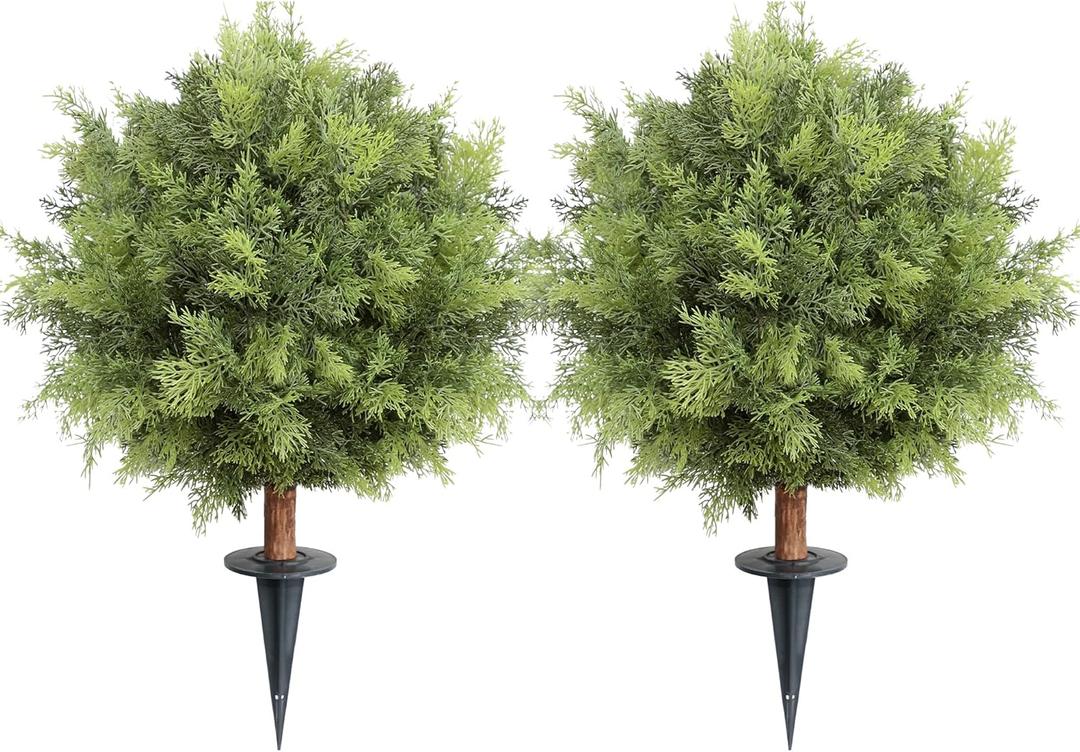 24inch Artificial Ceder Topiary Tree, Artificial Shrubs for Outdoors with Ground Spike, Faux Outdoor Shrubs Potted, Hold Nature Fake Bushes for Front Porch (Set of 2)