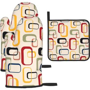 Mid Century Modern Retro Oven Mitts and Pot Holders Sets of 3 Vintage Decorative Heat Resistant Non Slip BBQ Gloves for Cooking Grilling Baking Kitchen Decor