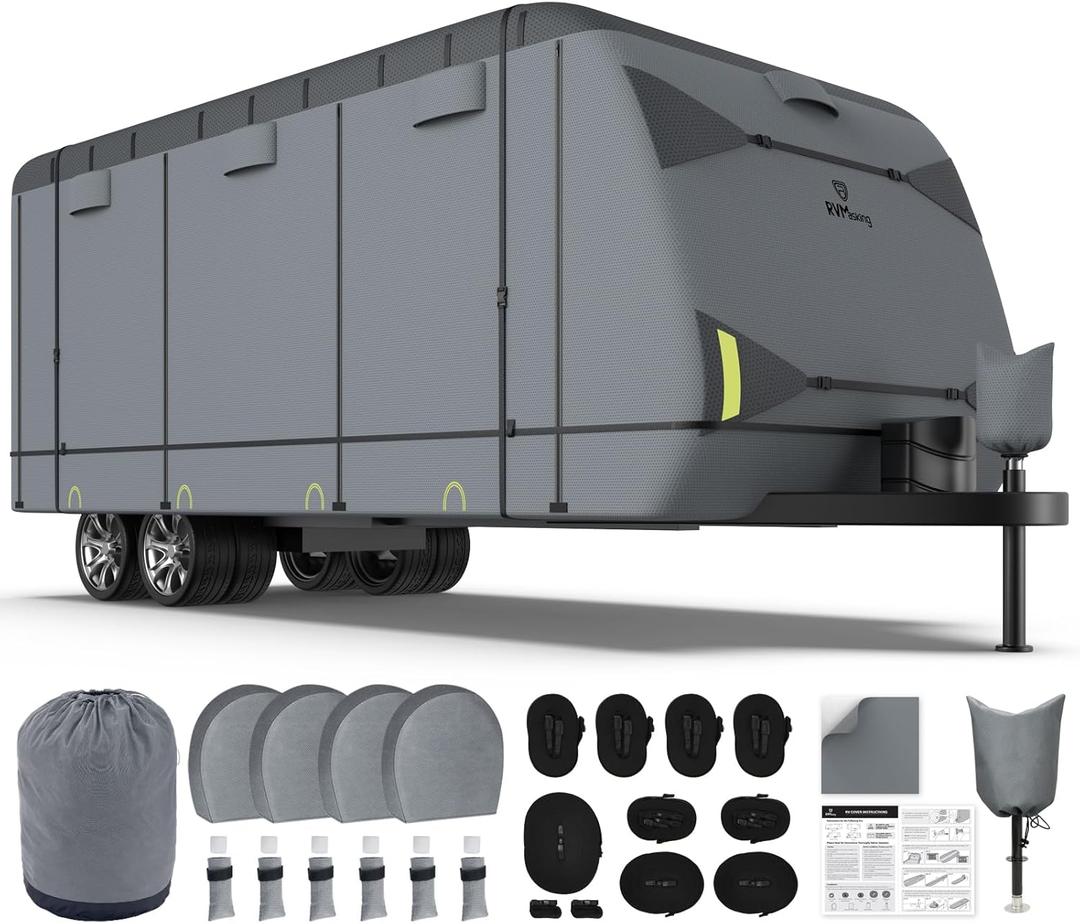 RVMasking RV Cover, Heavy Duty 7 Layers Travel Trailer Cover with 4 Tire Covers for 31'7"-34', Windproof Rip-Stop Anti-UV Camper Cover, Dark Gray