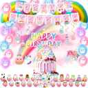 Cute Animals Birthday Decorations Kids Party Supplies with Banner Cupcake Toppers Balloons Swirls Stickers Background