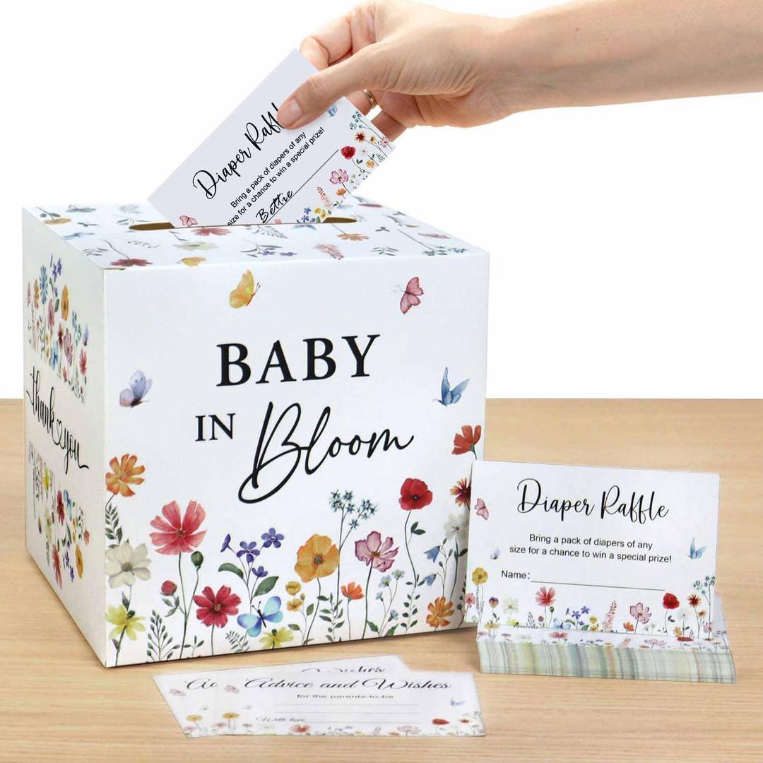 Baby in Bloom Baby Shower Decorations Diaper Raffle Box with 50 Tickets, Girls Wildflower Diaper Raffle Card Box Games Kit