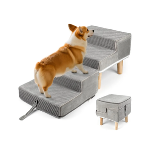 Hdnbsp Split Ottoman Dog Ramp, 4-Step Dog Stairs for Bed, Foldable Pet Steps for Small, Medium, Senior Dogs & Old Cats - Couch Height, Anti-Slip, Washable Cover, Storage Pocket, 135lb Capacity