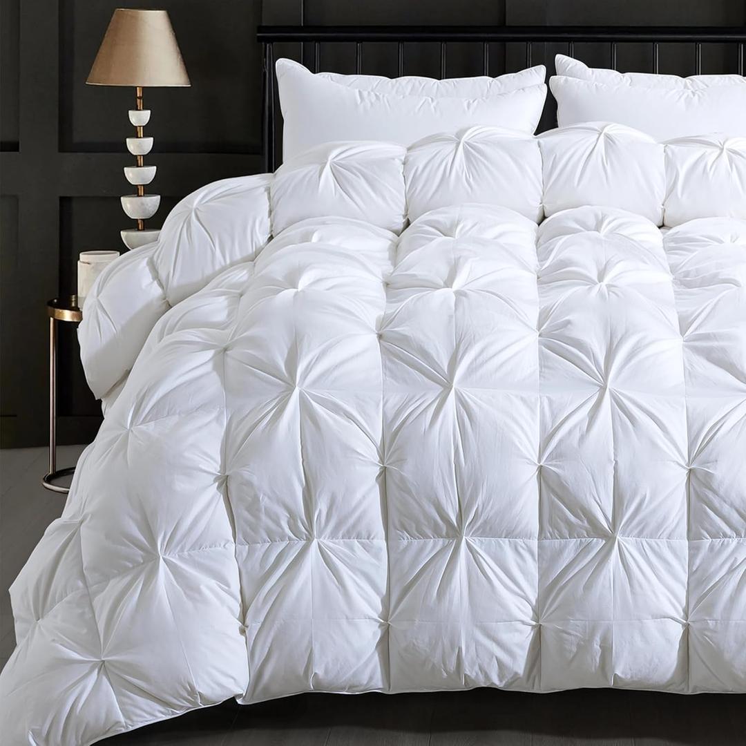 ELNIDO QUEEN Feather Comforter Queen Size Duvet Insert, Luxurious Fluffy Hotel White Pinch Pleat Bedding Comforter - Ultra Soft All Season 100% Cotton Shell, Queen 90x90 Inch (White Twisted Flower)