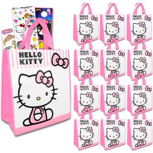 Hello Kitty Mini Party Favor Bag Set - Bundle with 12 Reusable 8" Hello Kitty Totes, Tattoos, Stickers and More | Birthday Party Supplies