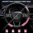 Hiseanllo 6PCS Pink Car Accessories Set, Carbon Fiber Microfiber Leather Steering Wheel Cover 14.5-15", Center Console Armrest Cover, Seat Belt Pads & Cup Holder Coasters, Universal Interior Decor