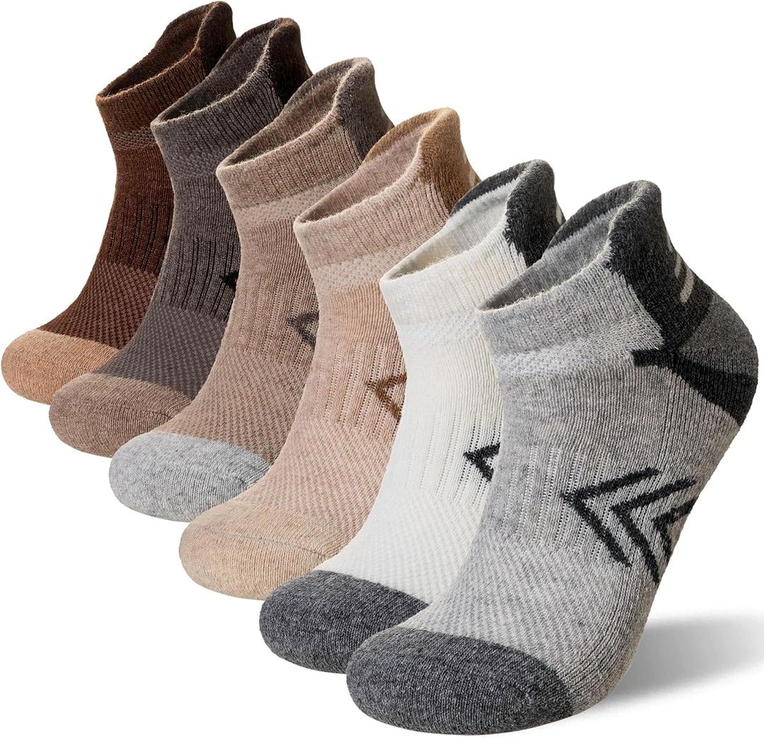 Velice Merino Wool Ankle Hiking Running Socks for Women Compression Thick Athletic Cushion Breathable No Show Socks 6 Pairs (Medium, Grey/Brown/White)