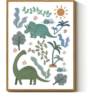 InSimSea Framed Canvas Prints Art Vintage Decor, Green Blue Dino Flower Nursery Animal Painting, Dinosaur Wall Art for Kids Toddler Bedroom Boys Gift Room Small Shelf Decor, 12x16inch