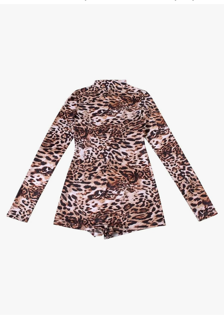 Leopard Print Romper Women Autumn Trend Long Sleeve O-Neck Skinny Stretch Streetwear Sexy Playsuits, Size XL