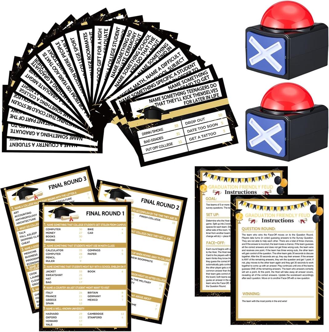 Shappy 25 Pcs Graduation Friendly Feud Game with 2 Answer Buzzers, Graduation Trivia Game Feud Card Festival Guessing Holiday Activity for Class School Team Groups Party