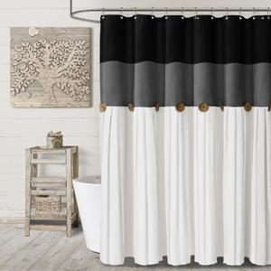 Awellife Farmhouse Black Shower Curtain Button Linen Textured Woven Fabric,Country Style (Black Grey White, 72" L x 72" W)