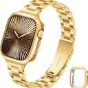 Slim Metal Band for Apple Watch Bands for Women 41mm 40mm 38mm Gold iWatch Bands with Protective Case, Stainless Steel Thin Dressy Fancy Strap for Apple Watch Band Series 9 8 SE 7 6 5 4 3-Gold