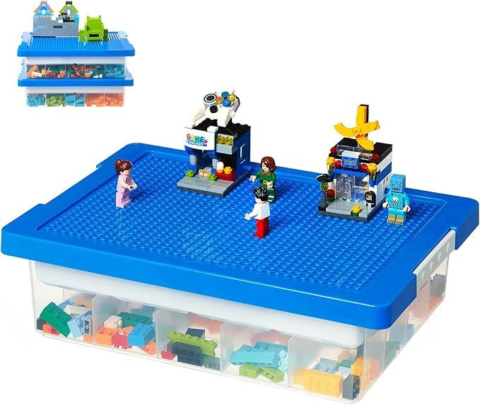 Toys Storage Organizer Box for Lego, Toy Box with Building Plate Lid and Removable Tray, Building Block Storage, Stackable Plastic Organizer Bins, Blue and Red