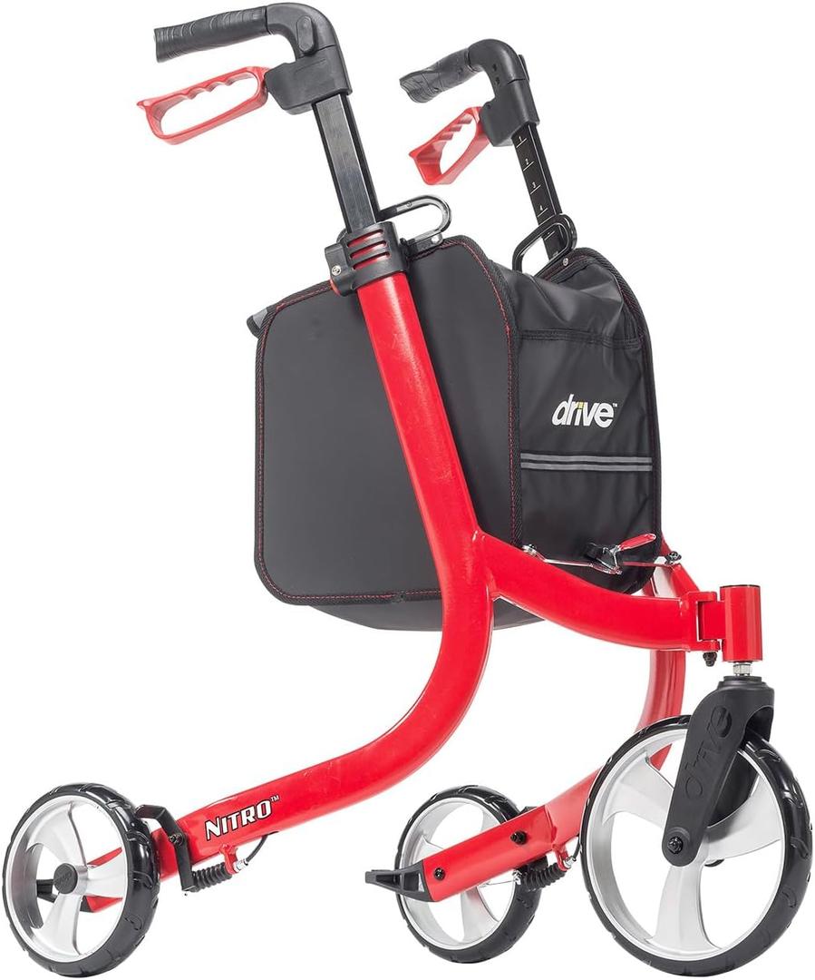 Drive Medical Nitro 3 Wheel Rollator Walker, Ultra Lightweight Rollator Walker with Wheels, Folding Rollator for Seniors and Adults, Red