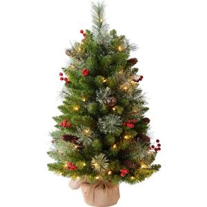 3ft Pre-Lit Artificial Christmas Tree with 70 LED Lights Mini Xmas Trees, Cement Burlap Base Basin, for Home Tabletop, Green