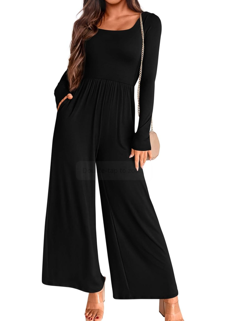 KIRUNDO Women's 2025 Spring Fashion Long Sleeve Wide Leg Jumpsuits Casual Dressy One Piece Square Neck Long Romper Pockets, S