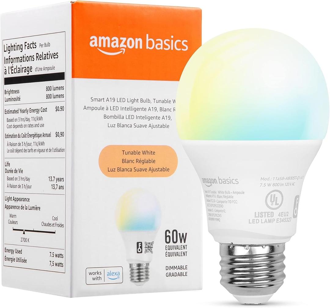 Amazon Basics Smart Indoor LED Light Bulb, Sunset-to-Midnight Activated, Works with Alexa Only, Tunable White, 7.5 W, 1-Pack