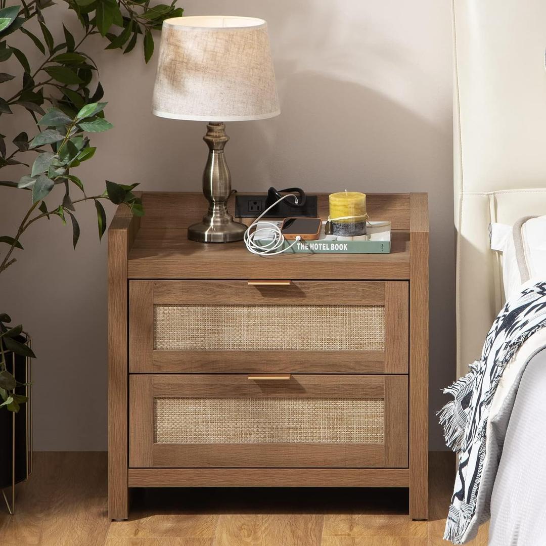 SICOTAS Rattan Nightstand End Table - Night Stand Bedside Table with Type-C Charging Station,2 Drawers Storage - Boho Night Stands for Bedroom - Natural Oak