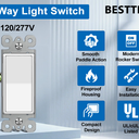 BESTTEN 4 Pack 3Way Decorator Light Switch with Wallplate, 15A 120/277V, On/Off Rocker Paddle Interrupter, Electrical Wall Light Switches, Single Pole or Three Way, UL Listed, White