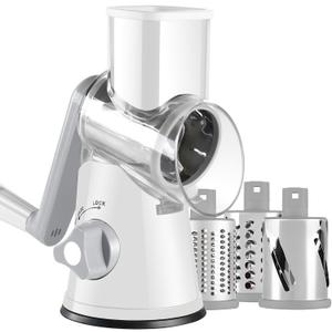 Rotary Cheese Grater with Handle, Kitchen Speed Hand Crank Vegetable Slicer, Potato Hash Brown Shredder Spinning Nut Grinder with 3 Replaceable Stainless Steel Drum Blades (White)