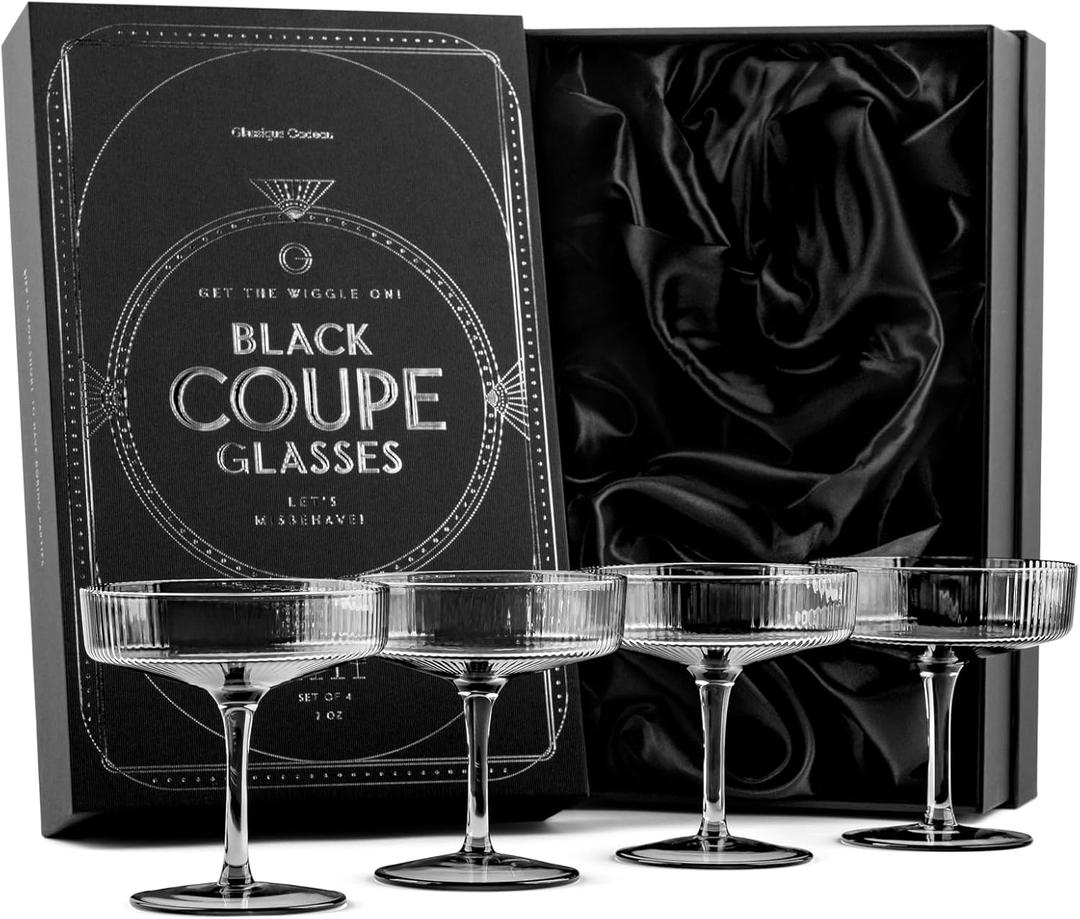 GLASSIQUE CADEAU Vintage Art Deco Smoke Black Coupe Glasses | Set of 4 | 7 oz Ribbed Cocktail Glassware for Drinking Champagne, Martini, Cosmopolitan, Manhattan | Crystal Speakeasy Saucers
