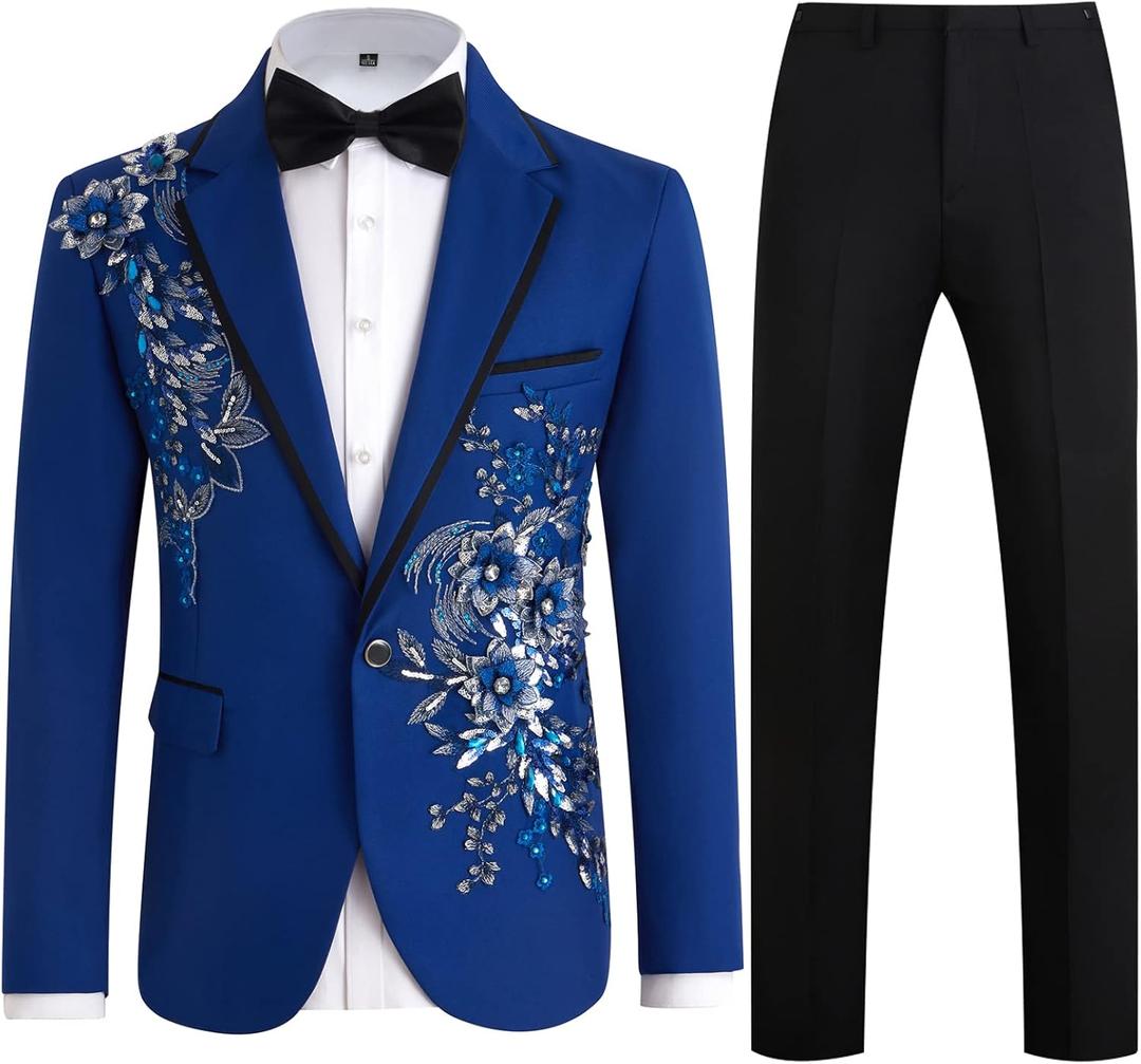 Mens Suits Slim Fit 2 Piece Formal Tuxedo Suits Blazer Pants with Bow Tie for Wedding Prom (Blue, M)