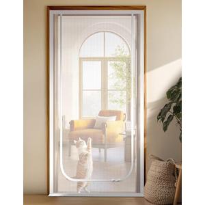 BFNN Cat Screen Door, Extra Tall Cat-Proof Mesh Gate, Fit Door Size 38'' x 82'', Anti Scratch Mesh with Zipper Closure, for Living Room, Kitchen, Bedroom (White, U-Shaped)