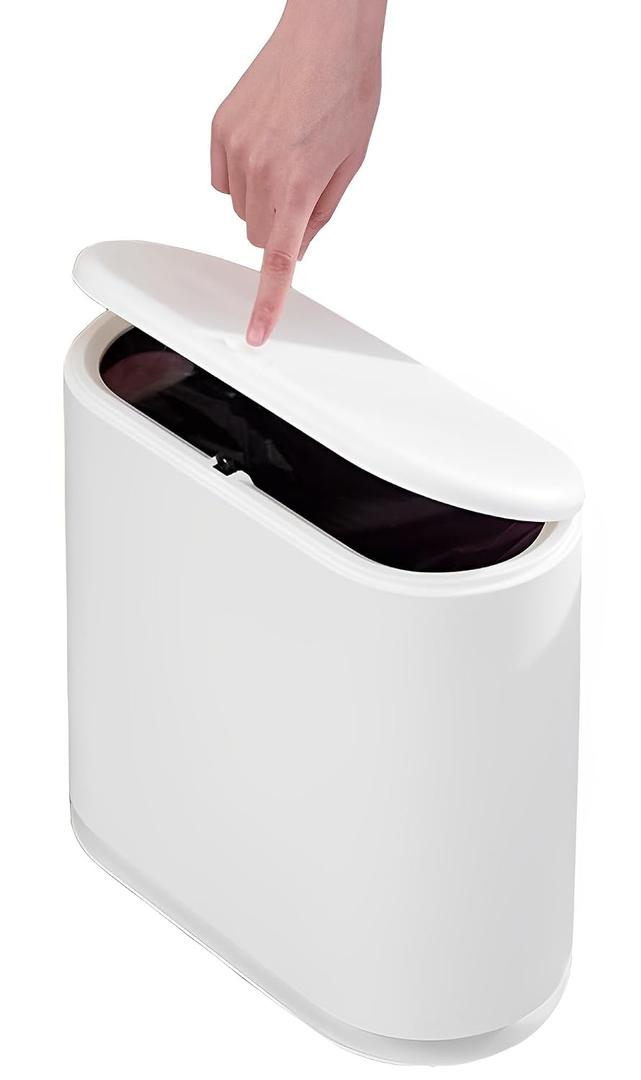 Sooyee 10 Liter Rectangular Plastic Trash Can Wastebasket with Press Type Lid, 2.4 Gallon Garbage Container Bin for Bathroom, Powder Room, Bedroom, Kitchen, Craft Room, Office (Cream White)