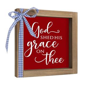 pechpell God Shed His Grace on Thee Sign Wooden Patriotic Decor, 6" Memorial Day 4th of July Decorations, Americana Independence Day Indoor Table Wall Shelf Tiered Tray Office Desk Farmhouse Home Decor