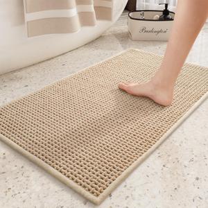 Color&Geometry Chenille Rubber Backed Beige Bathroom Rugs- Non Slip, Absorbent, Quick Dry, Washable- 17"x29.5" Standard Sized Bath Mat Thin Bathroom Rugs Fit Under Door