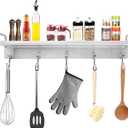 Kitchen Utensil Rack, Spice Rack with Hooks Wall Mount, Over the Stove Shelf, Stainless Steel, Hanging Storage Wall Shelf for Spatula Spoon, Seasoning Jar Organizer (15.75 inch)