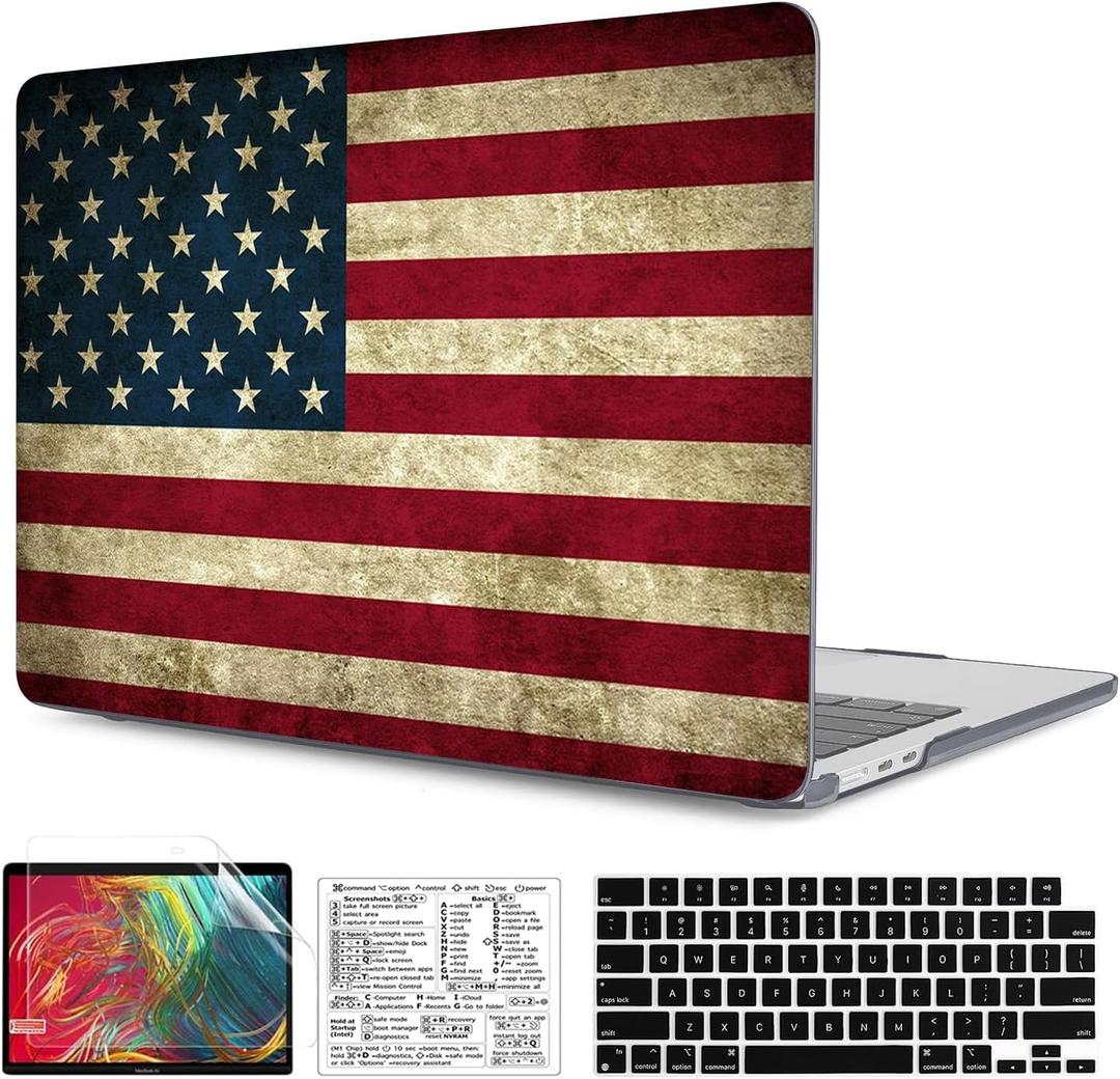 Compatible with MacBook Air 15 inch Case 2023 2024 Release M3 A3114 A2941 M2 Chip Durable Plastic Shell Case with Keyboard Cover & Mac OS Keyboard Sticker (USA Flag)