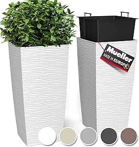 Mueller M-Resin Heavy Duty Tall Planters for Outdoor Plants, Indoor Grande Plant Pots, Boxes, Trees, Flower Pots, 2-Piece Set, 24”, Modern Design, Built-in Drainage, Front Porch Decor, White