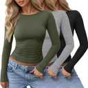Locoowai 3 Pack Women's Long Sleeve Shirts Crewneck Going Out Basic Tops Tight Slim Fit Side Ruched Crop Tees Y2k Outfits S