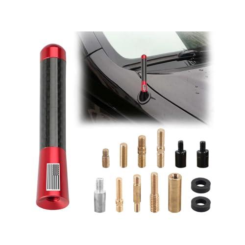 BESULEN Car Short Antenna, 3.1 Inch Carbon Fiber American Flag Aluminum Auto Radio Antenna for AM/FM Reception, Universal Replacement Car Antenna with 9 Adapters, 2 Screws, 2 Rubber Rings (Red)