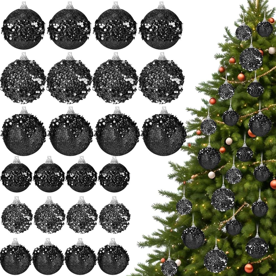 Poen 24 Pcs Glitter Christmas Ball Ornaments Set Christmas Tree Ornaments Hanging Sequin Foam Xmas Balls Decoration for Xmas Tree Wreath Garland Home Decor Wedding Party(Black)