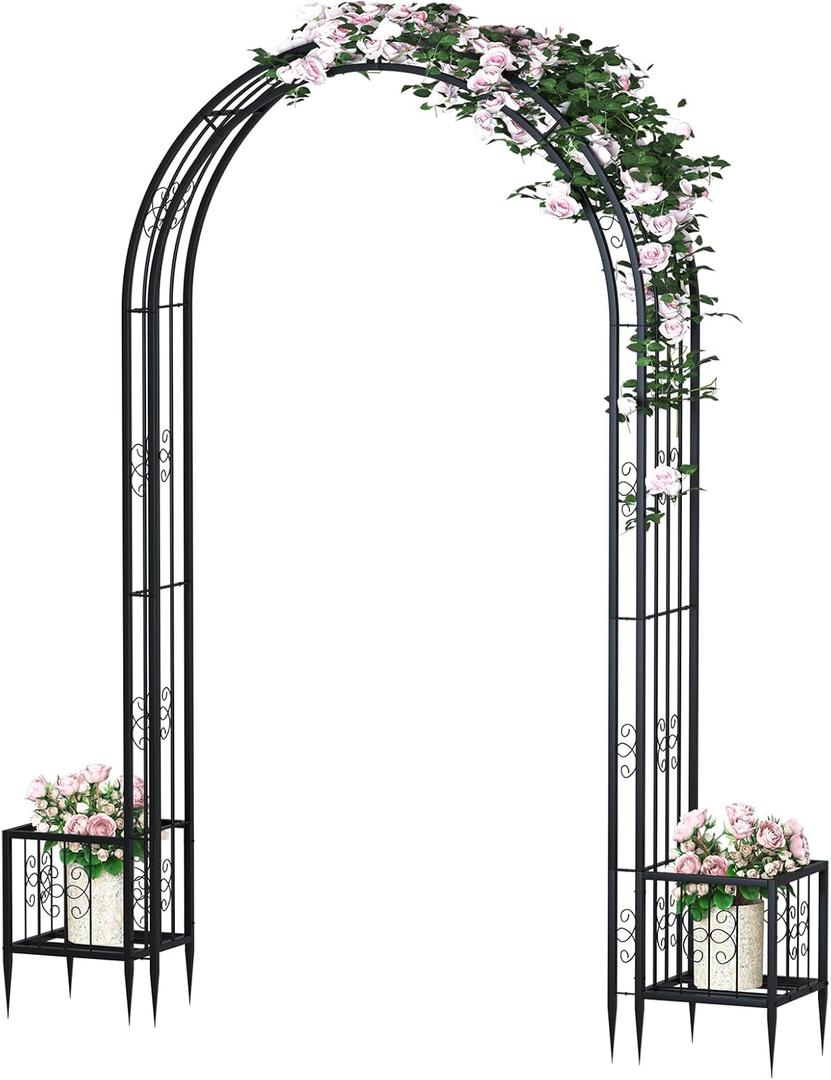 102in Steel Garden Arch Arbor Trellis with Planter Boxes for Climbing Plants Outdoor, Yard, Wide Sturdy Durable Garden Arch for Lawn,Outdoor Wedding Arch(Black)