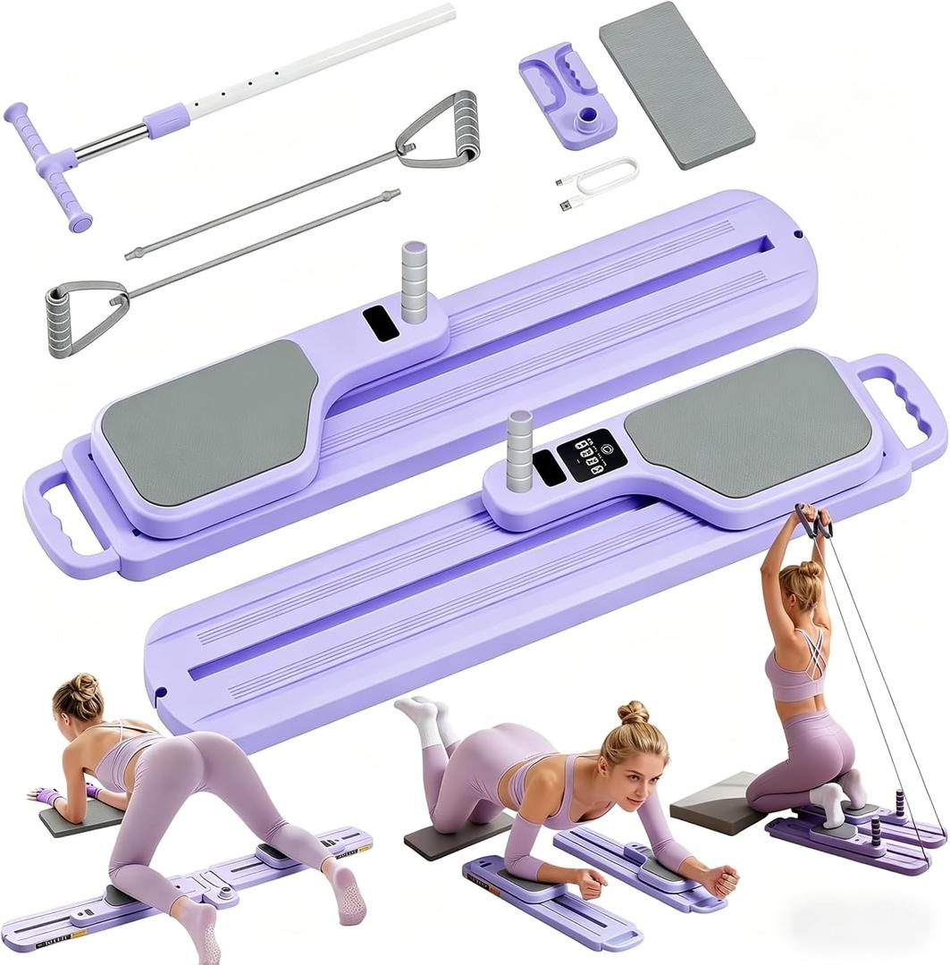 Pilates Board,Pilates Reformer Board, Pilates Board for Home Workout, Portable Pilates Reformer, 9 in 1 Foldable Pilates Equipment with Timer & Resistance Band, Fitness, Exercise, Ab, Core (Purple)
