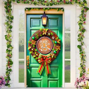 BlissYard Christmas Door Banner Set 35x71 Inch Jingle All The Way Christmas Wreath with Golden Poinsettias Green Baubles Red Bow Home Porch Decoration Jingle Phrase Theme Front Door Party Holiday