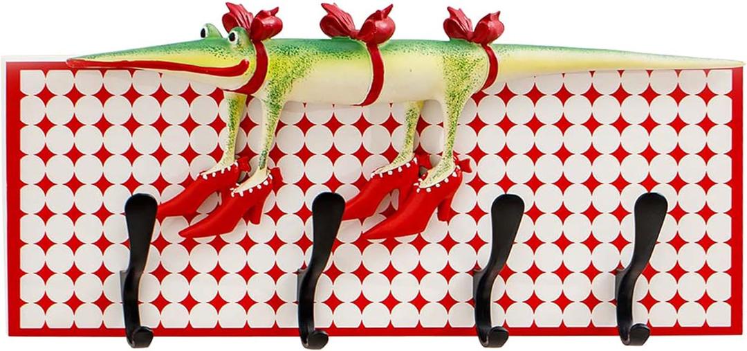 Decorative Wall Hook Rack with 4 Metal Hooks, 18" x 8" Red and White Vintage Plaid Panel, Whimsical Crocodile Wall Decor Organizer for Entryway, Kitchen, Living Room