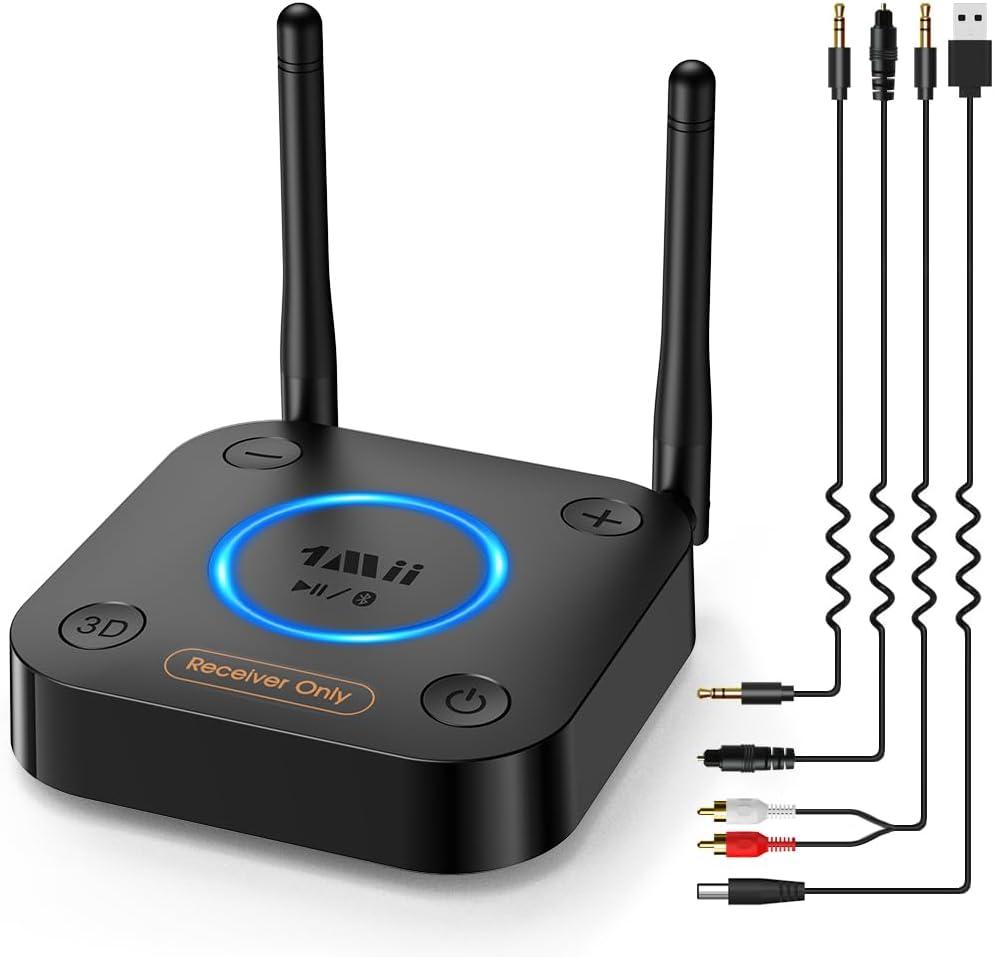 1Mii B06Pro Recepteur Bluetooth 5.3, Longue Portée Adaptateur Audio Sans Fil Hi-Fi, avec 3D Surround aptX HD&LL, RCA Optique AUX 3,5 mm Coaxial pour Système Stéréo Domestique