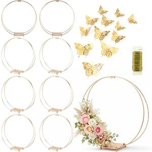 8 Pack 18 Inches Metal Double Floral Hoop Centerpieces with Stand and 38-Yard Paddle Wire Craft Centerpiece Table Decorations Wedding/Baptism/Party/Centerpiece DIY Metal Ring Table Dcor, Gold