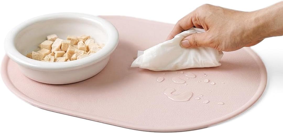 Silicone Pet Feeding Mat for Cats & Small Dogs, Non-Slip Waterproof Dog & Cat Bowl Mat with Raised Spill Edge, Made in Korea (Powder Pink, 15.7" 11.4")