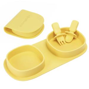 Toddler Plates Travel Essential on the go,Baby Plates with Forks and Spoons Self Feeding 6 months,Foldable,Silicone,BPA Free,Lemon