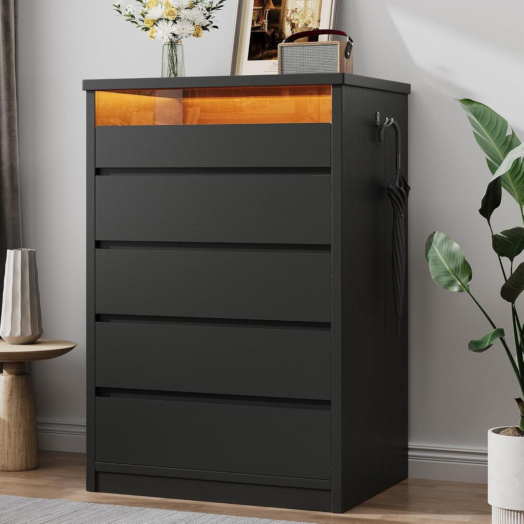 Larger Black 5 Drawer Dresser for Bedroom with LED Light, Modern Chest of Drawers with Hidden Handles, Tall Wooden Dresser Closet for Living Room, Entryway, Hallway - Black