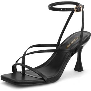 Women's Strappy High Heels Sandals Square Open Toe Ankle Strap Slingback Thong Stilettos Shoes for Wedding (10, Black Pu)