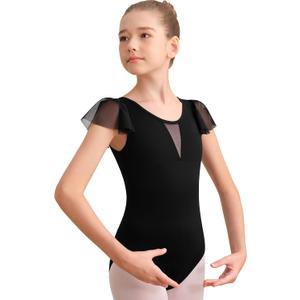 Girls Dance Leotard For Ballet Mesh Tank Dancewear,Mesh Splicing,Water Drop Hollow Back,Full Front Lining (6-8 Years, Black-03)