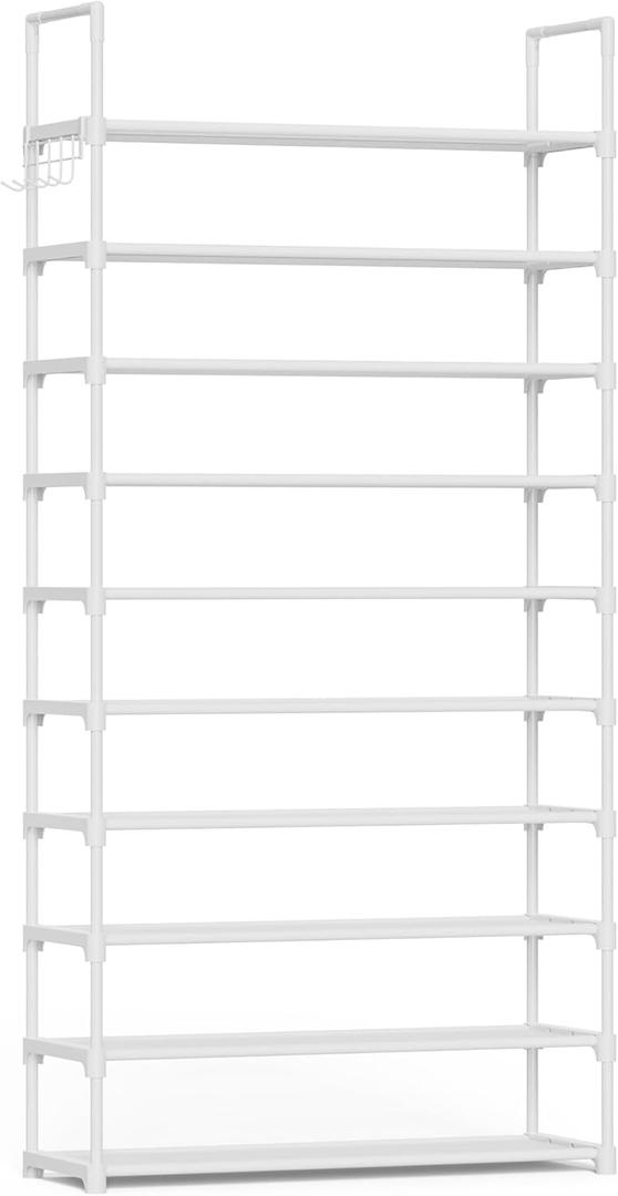 Kitsure Shoe Rack for Closet - 10-Tier Shoe Organizer with Hook Rack, Large-Capacity & Space-Saving Shoe Shelf for Entryway, Bedroom, Living Room,32.2" x 11.8" x 68.5", White